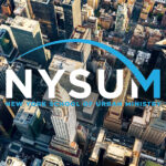 Aerial view of New York City skyline with NYSUM logo overlay.