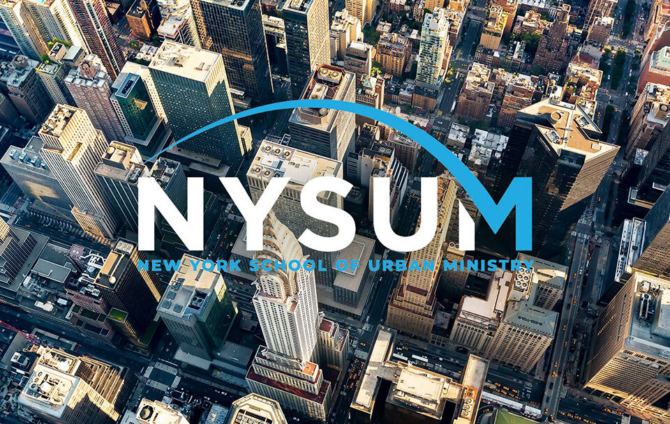 Aerial view of New York City skyline with NYSUM logo overlay.