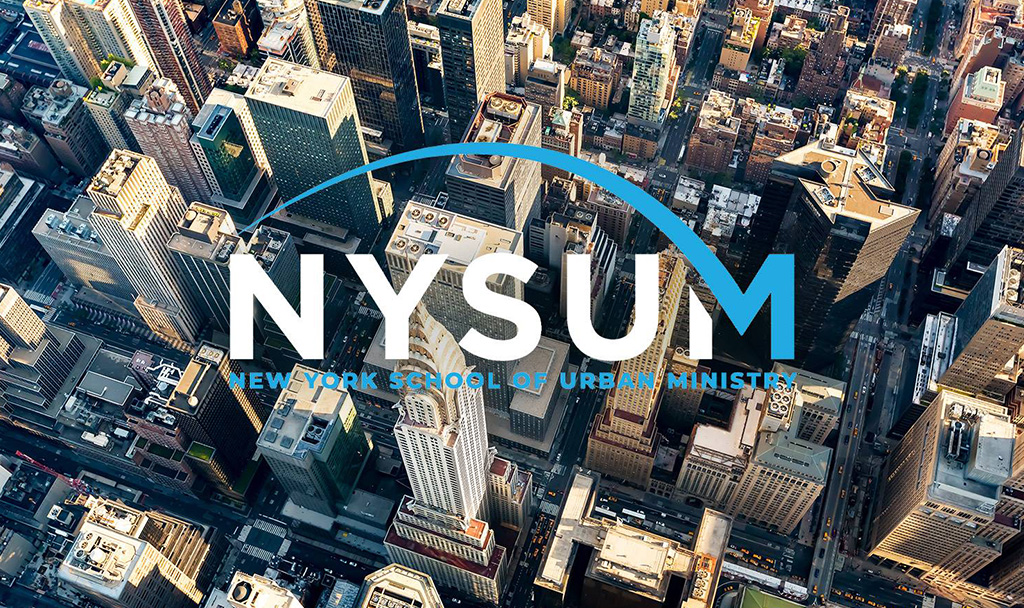 Aerial view of New York City skyline with NYSUM logo overlay.