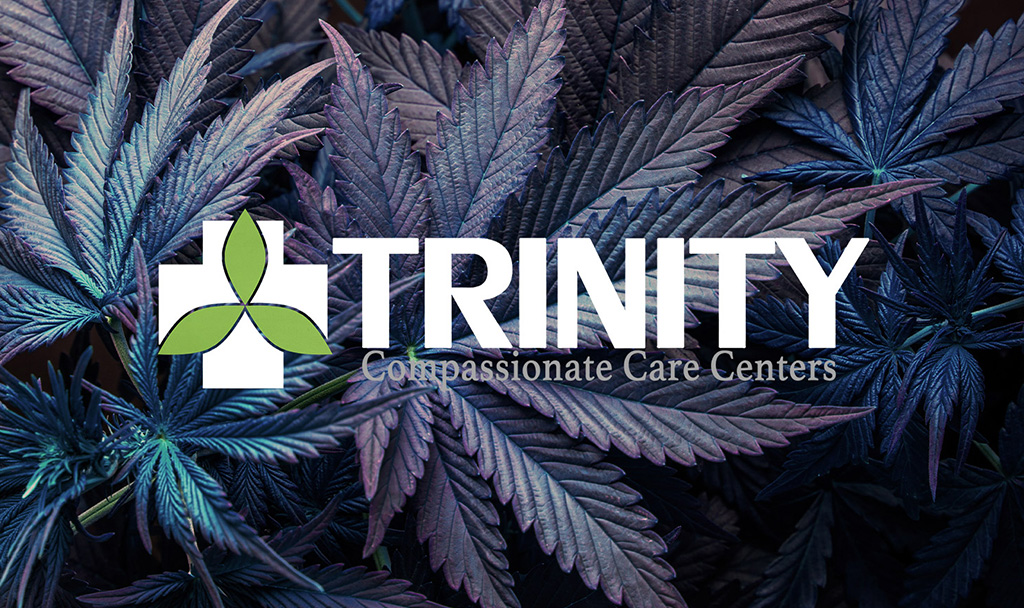 Close-up of cannabis leaves with Trinity logo and tagline.