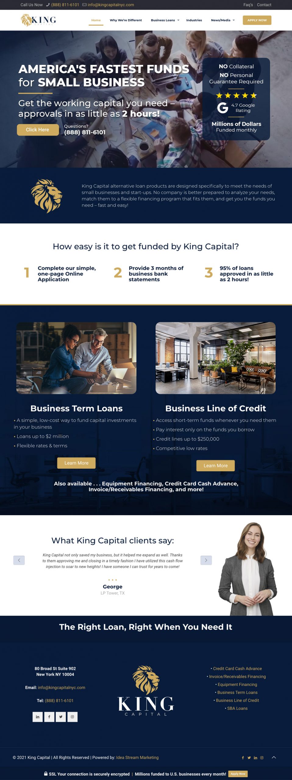 King Capital homepage showcasing financial services for small businesses with a call to action and client testimonials.