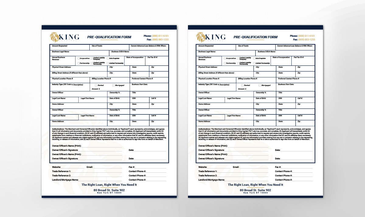 Pre-qualification form with business and personal information fields, branded with King logo.
