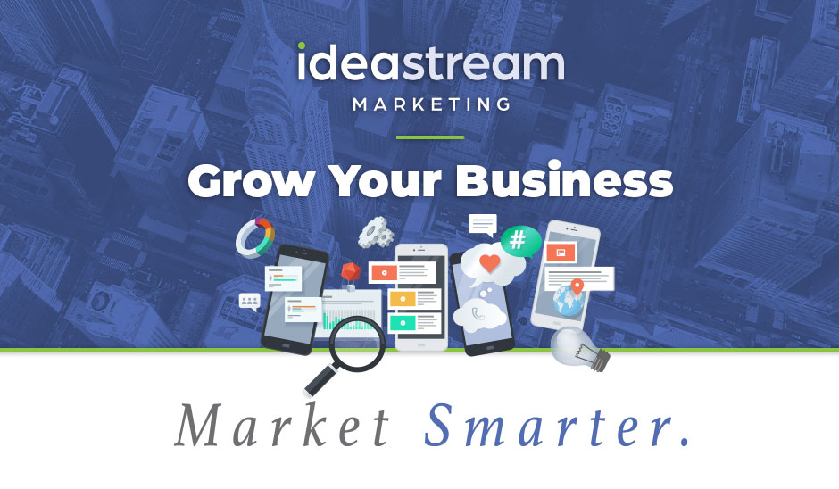 Graphic for Idea Stream Marketing featuring text 'Grow Your Business' with marketing icons.