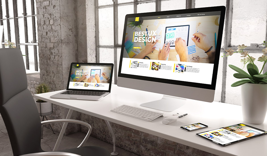 Workstation featuring a desktop and laptop displaying a web design project on a bright desk.