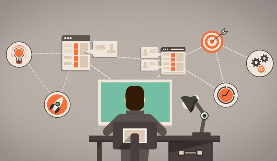 Illustration of a person managing social media through a computer, with icons representing analytics, strategies, and communication.