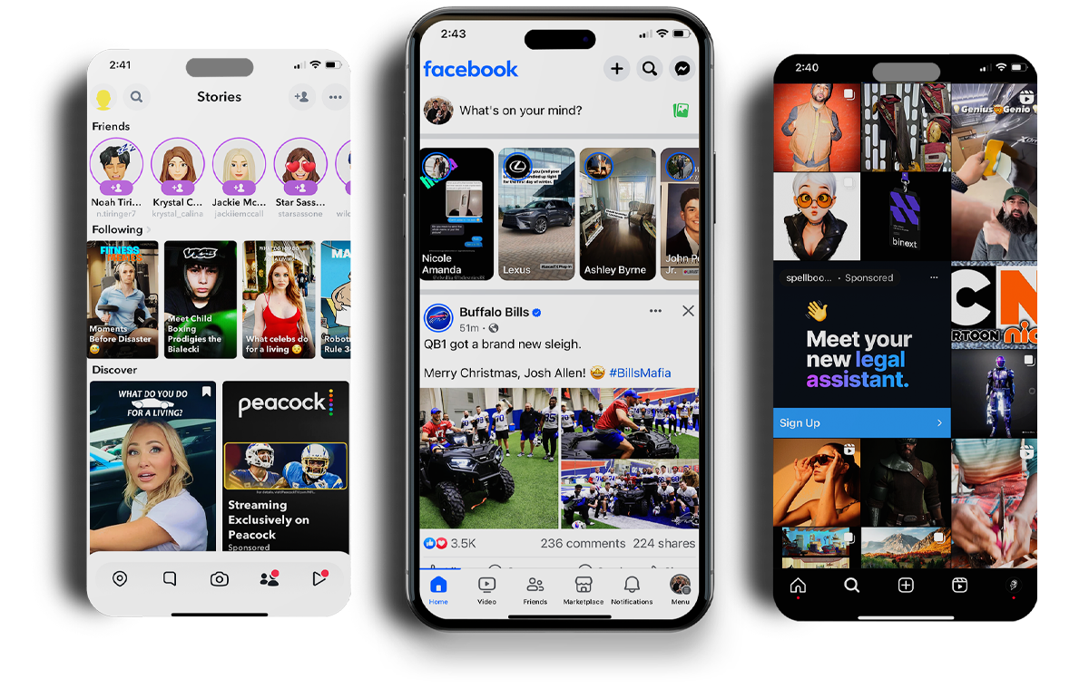 Three smartphones displaying various social media platforms including Snapchat and Facebook with interactive stories and ads.