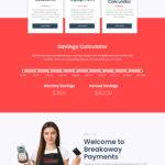 Breakaway Payments homepage featuring a savings calculator, various payment solutions, and a professional holding a mobile payment device.