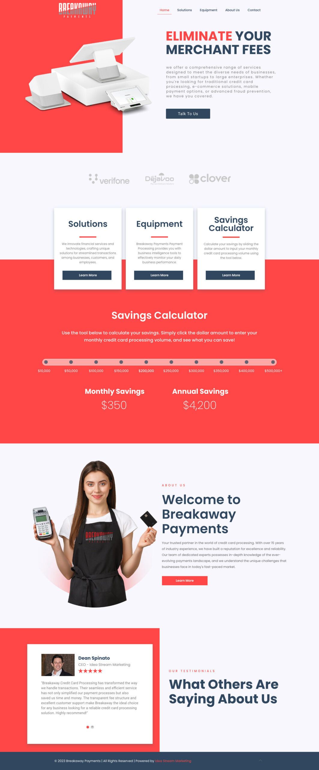 Breakaway Payments homepage featuring a savings calculator, various payment solutions, and a professional holding a mobile payment device.