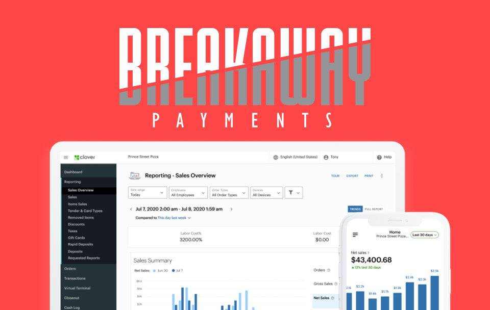 Breakaway Payments dashboard showing sales overview and financial data from Clover for Prince Street Pizza.