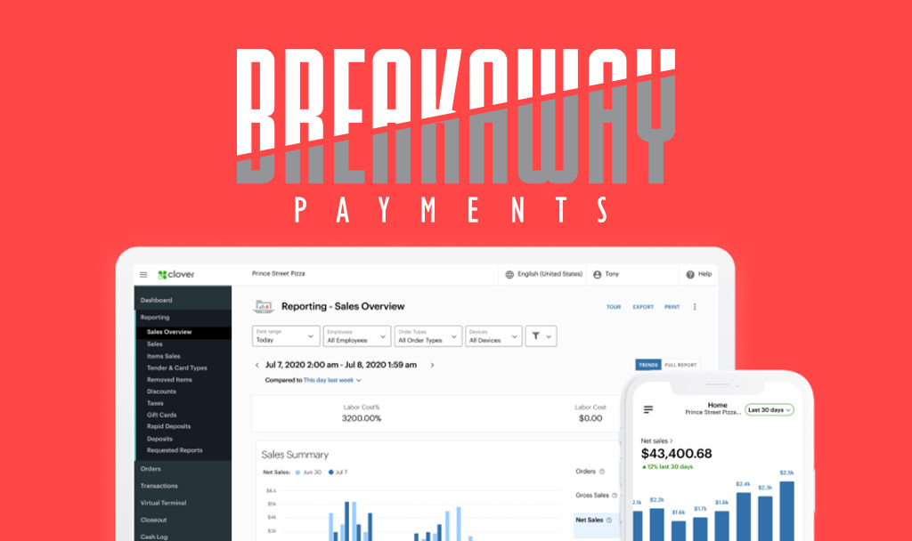 Breakaway Payments dashboard showing sales overview and financial data from Clover for Prince Street Pizza.