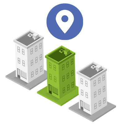 Illustration of three stylized buildings with a green highlighted building and a location pin above.