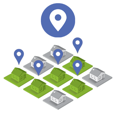 Graphic showing multiple houses on a grid with location pins representing households.