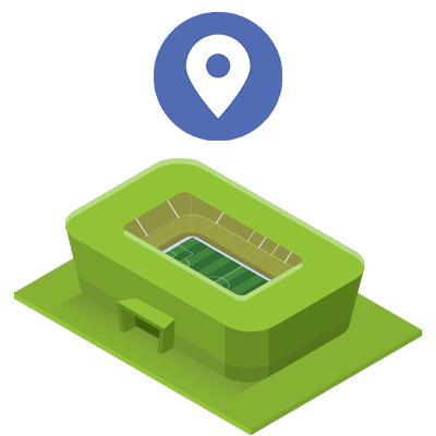 Stylized green stadium with a soccer field and location pin icon above.