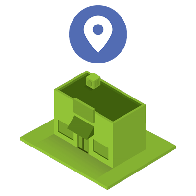 Green building with a location pin icon above it, representing a business location.