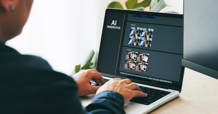 Person using a laptop with generative AI content displayed on the screen, surrounded by plants.