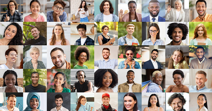 A collage of diverse individuals smiling and posing for photos, showcasing various ethnicities and styles.
