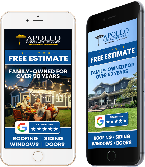 Marketing image for Apollo Contracting featuring mobile ads with services like roofing, siding, and windows.