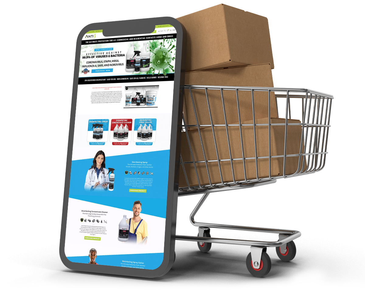 Mobile phone displaying disinfectant products in a shopping cart with cardboard boxes.