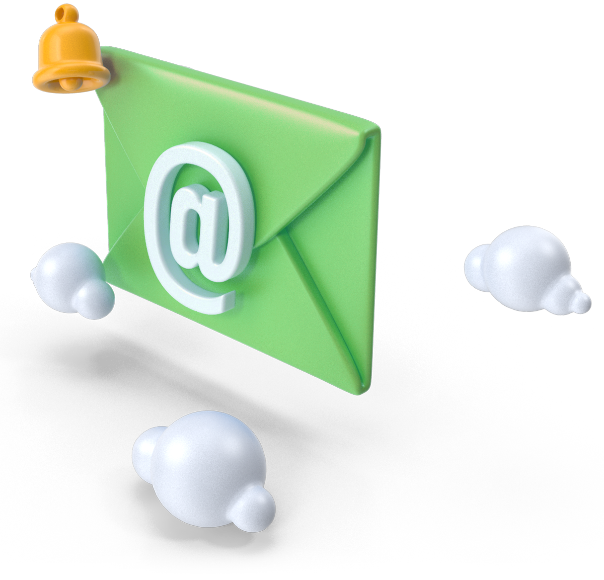 A 3D green email envelope with a white '@' symbol and a yellow notification bell icon above it, surrounded by white dots.