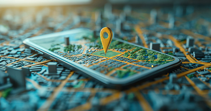 Close-up of a smartphone displaying a city map with a location pin on it, symbolizing geofencing technology.