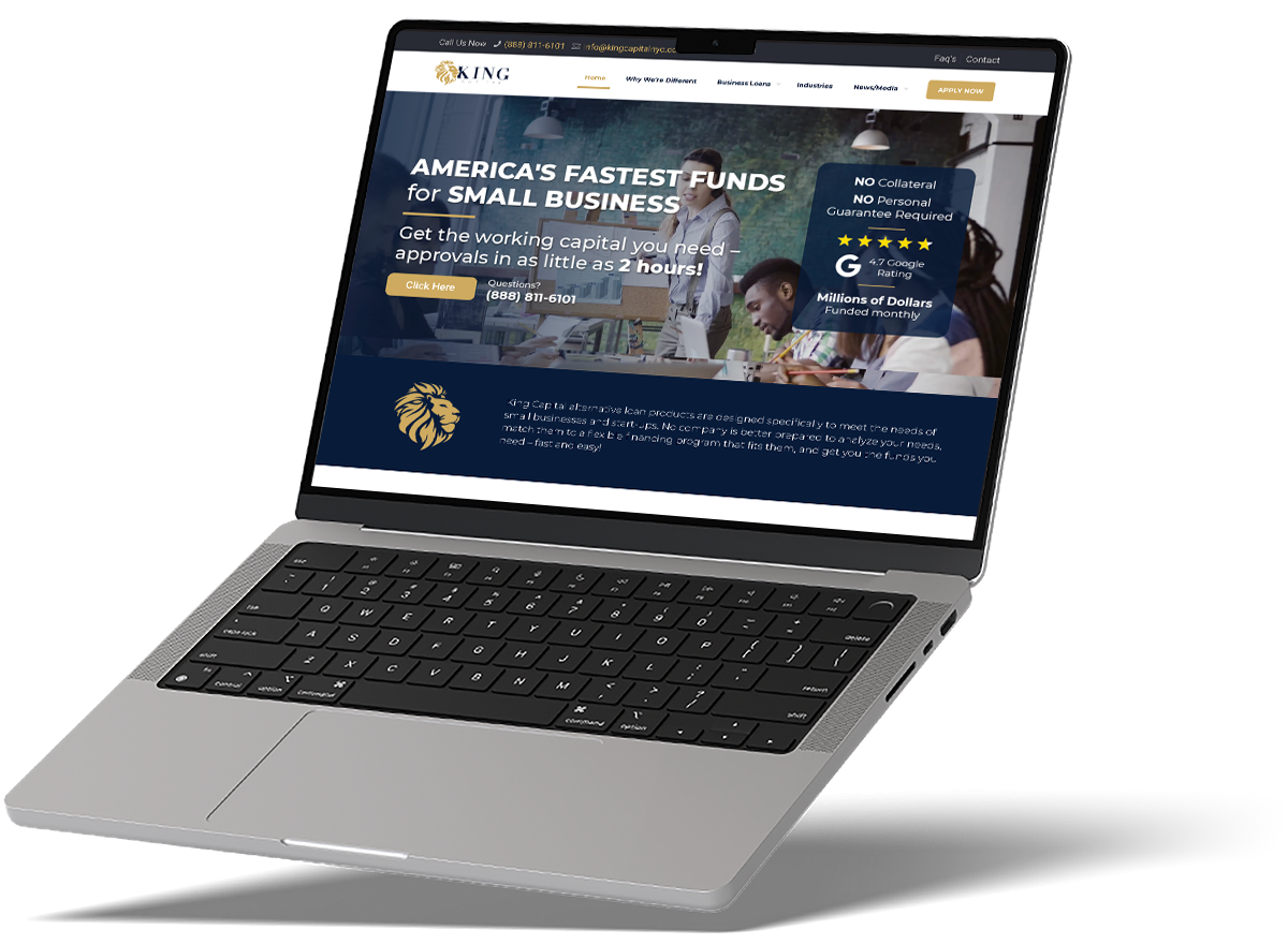 Laptop displaying King Capital's website promoting fast funding for small businesses.