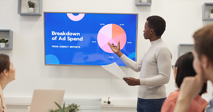A presenter explains ad spend breakdown using a chart on a screen during a meeting.