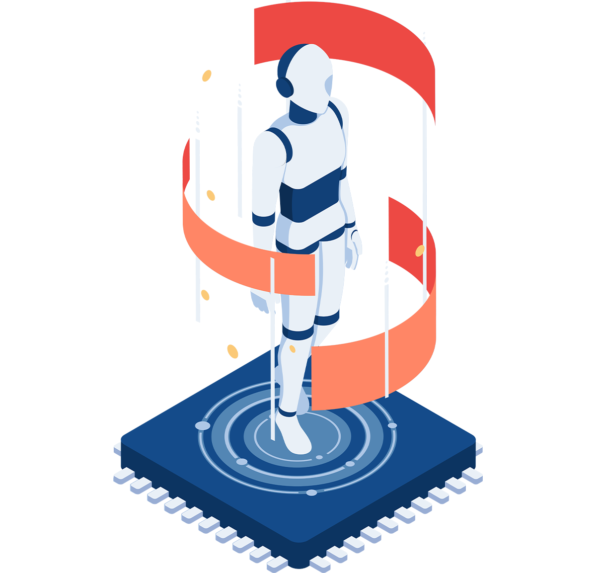 An artistic depiction of a humanoid robot standing on a blue circuit board surrounded by swirling ribbon-like graphics.