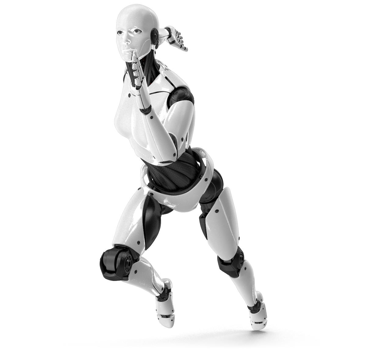A humanoid robot depicted in a running pose, showcasing articulated joints and a smooth white finish.