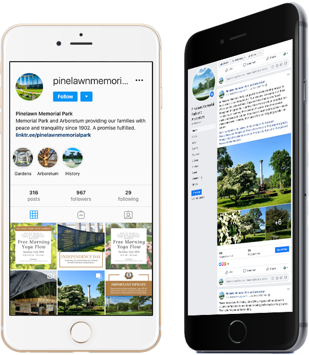 Two smartphones displaying the Instagram account of Pinelawn Memorial Park, showcasing posts and community engagement.