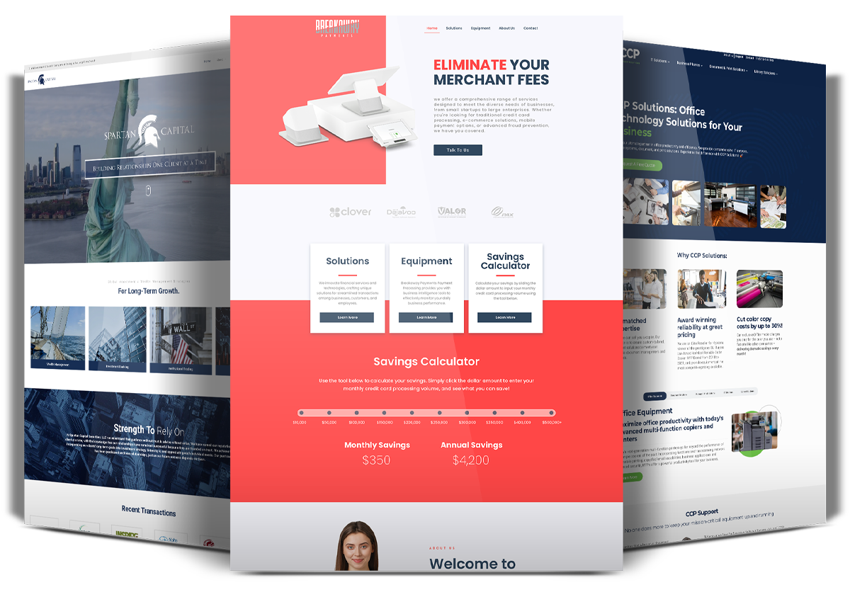 Three website screenshots showcasing services related to merchant fees, office solutions, and technology.