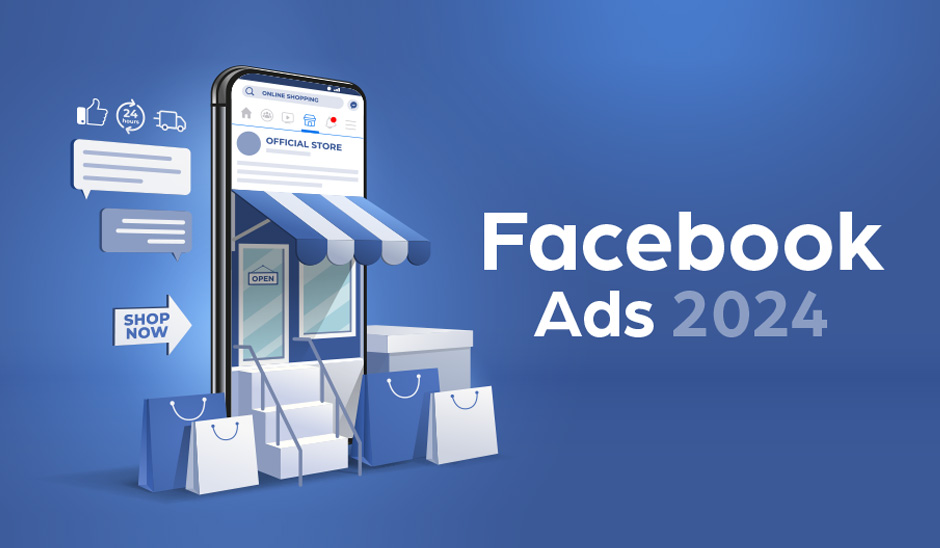 Illustration of a smartphone displaying a Facebook Ads interface with shopping elements.