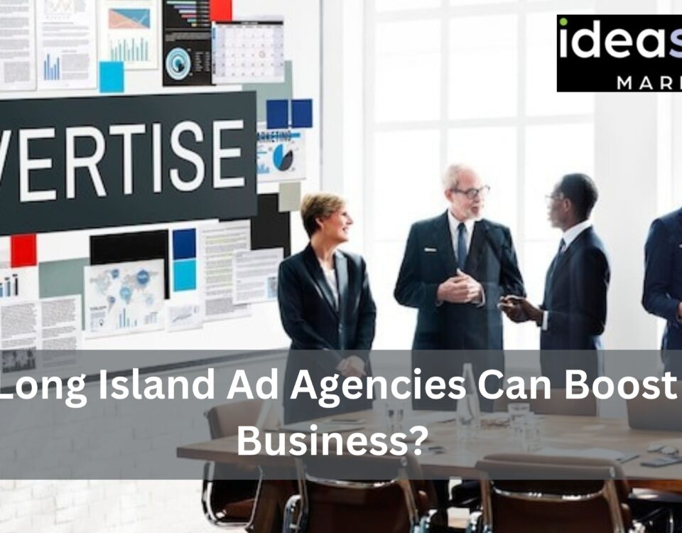 Group of business professionals discussing advertising strategies in a modern office.