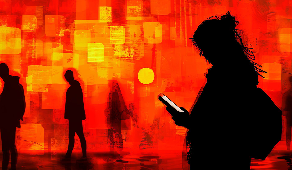 Silhouette of a person holding a phone against a vibrant red and orange background with abstract shapes.