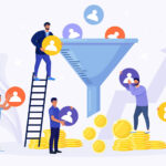 Illustration depicting a lead generation funnel with people and coins, symbolizing business growth.