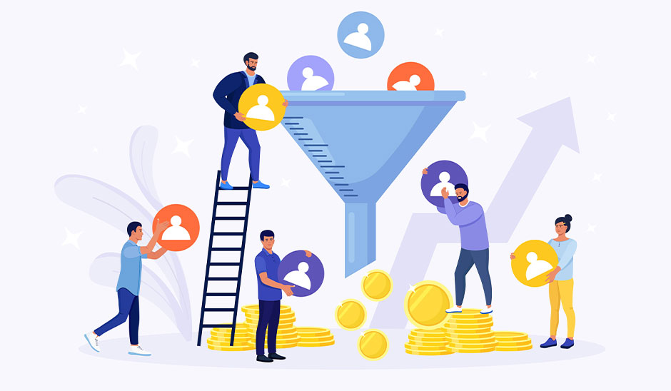 Illustration depicting a lead generation funnel with people and coins, symbolizing business growth.