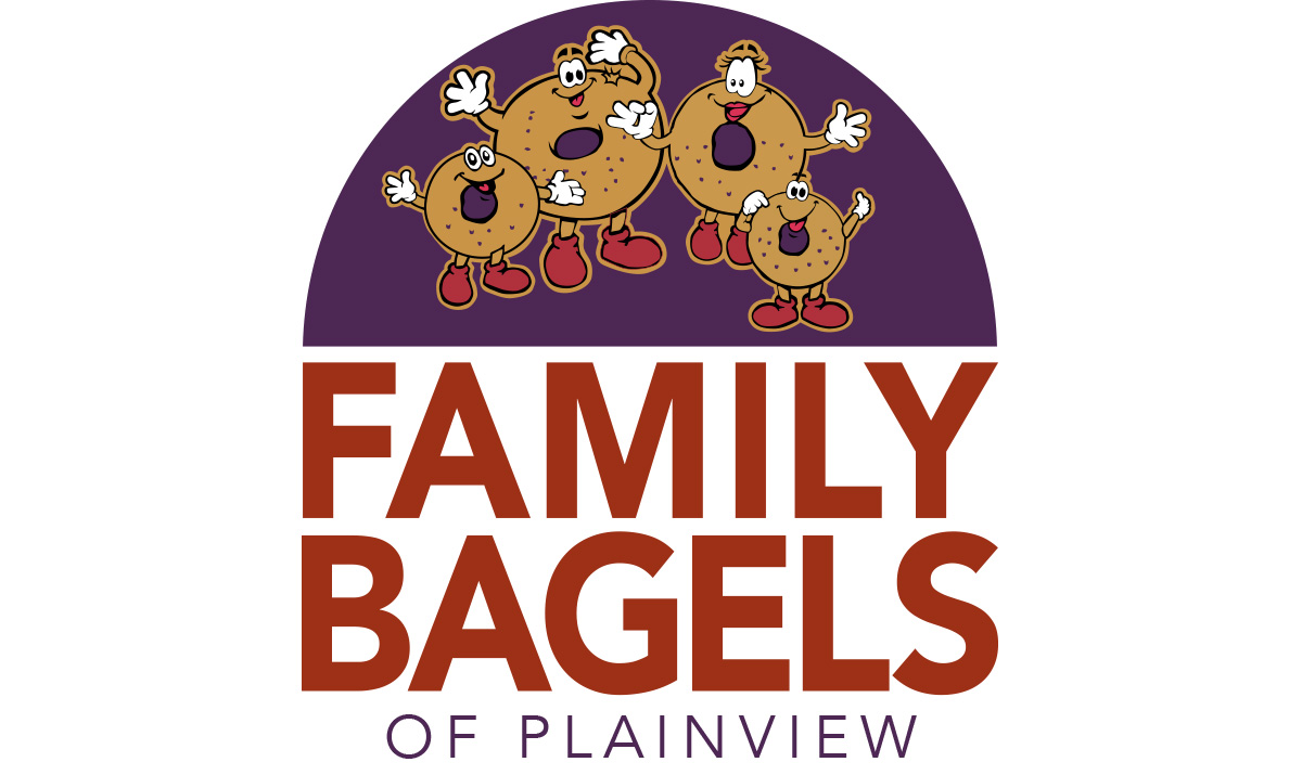 Colorful logo of Family Bagels featuring cartoon bagels with arms and legs, text reads 'Family Bagels of Plainview'.
