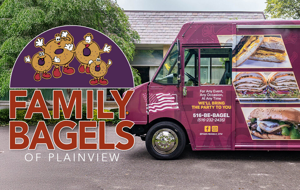 Family Bagels food truck featuring colorful graphics and images of bagels and sandwiches.