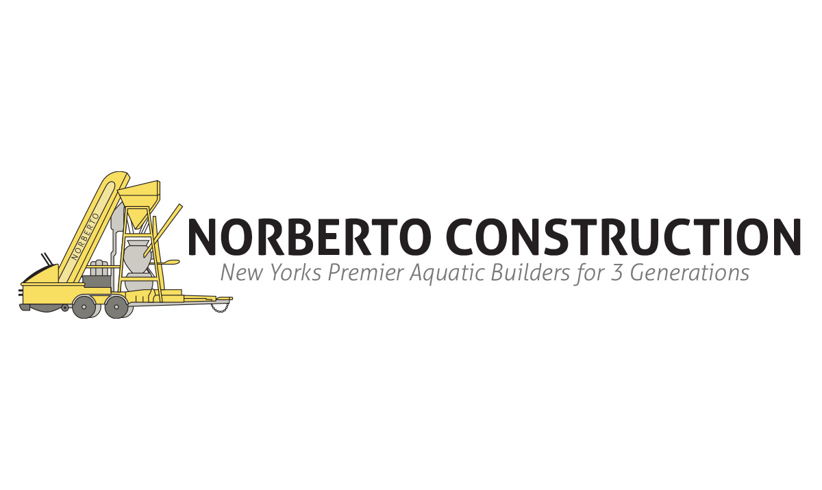 Logo of Norberto Construction featuring a machinery illustration and text outlining their service expertise in aquatic construction.