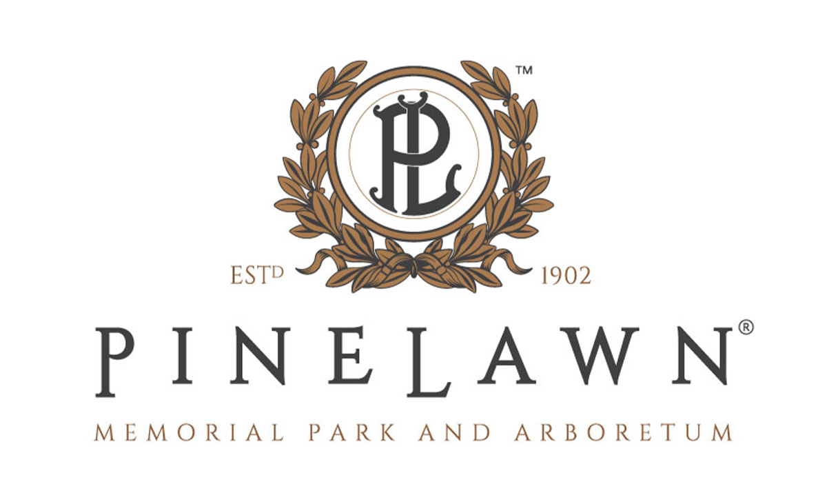 Pinelawn Memorial Park logo featuring the letters P and L surrounded by decorative foliage.