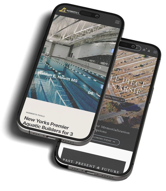 Two mobile phone displays showcasing web pages for Norberto Pools and a memorial service.