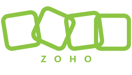 Zoho logo featuring green squares and the word Zoho.