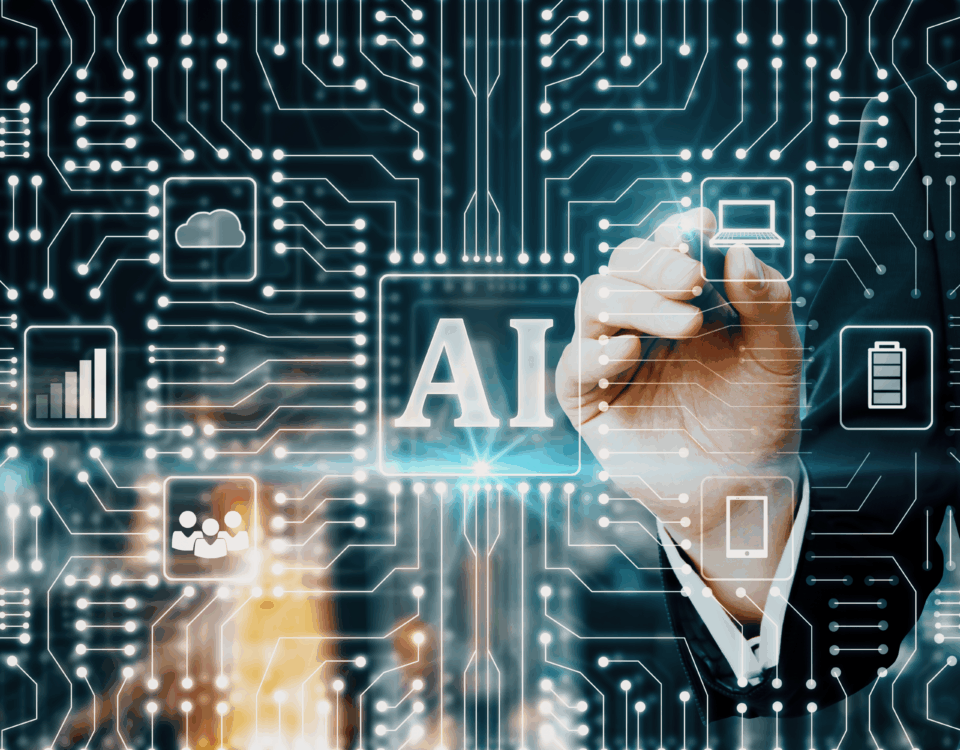 A business professional interacts with digital AI-related icons on a circuit board background.