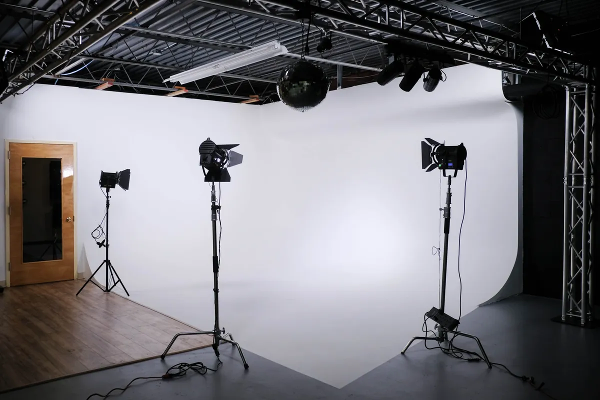 White Cycs | Idea Stream Marketing Photo studio setup featuring three softbox lights and a seamless white backdrop