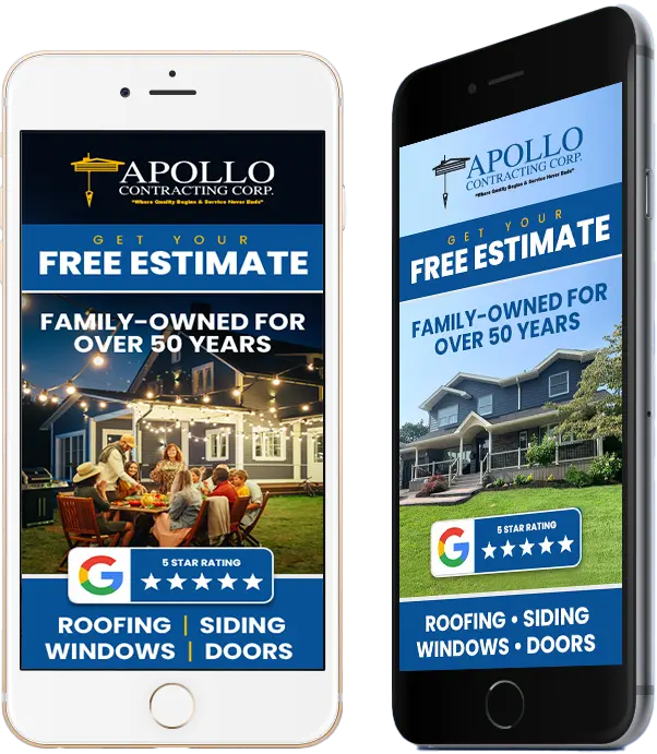 Two mobile phones displaying an advertisement for Apollo Contracting Corp, emphasizing free estimates for roofing, siding, and windows.