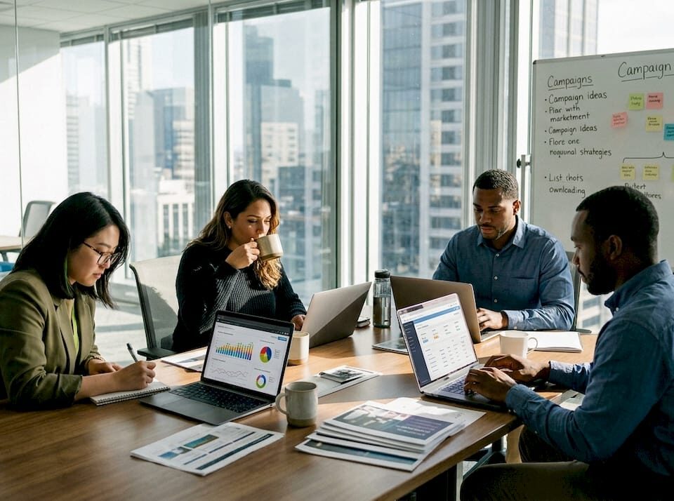Team collaborating on a marketing strategy in a modern office with laptops and a whiteboard.