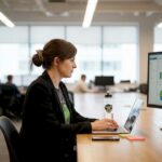 A woman analyzes data on a laptop while seated at a desk in a modern office.