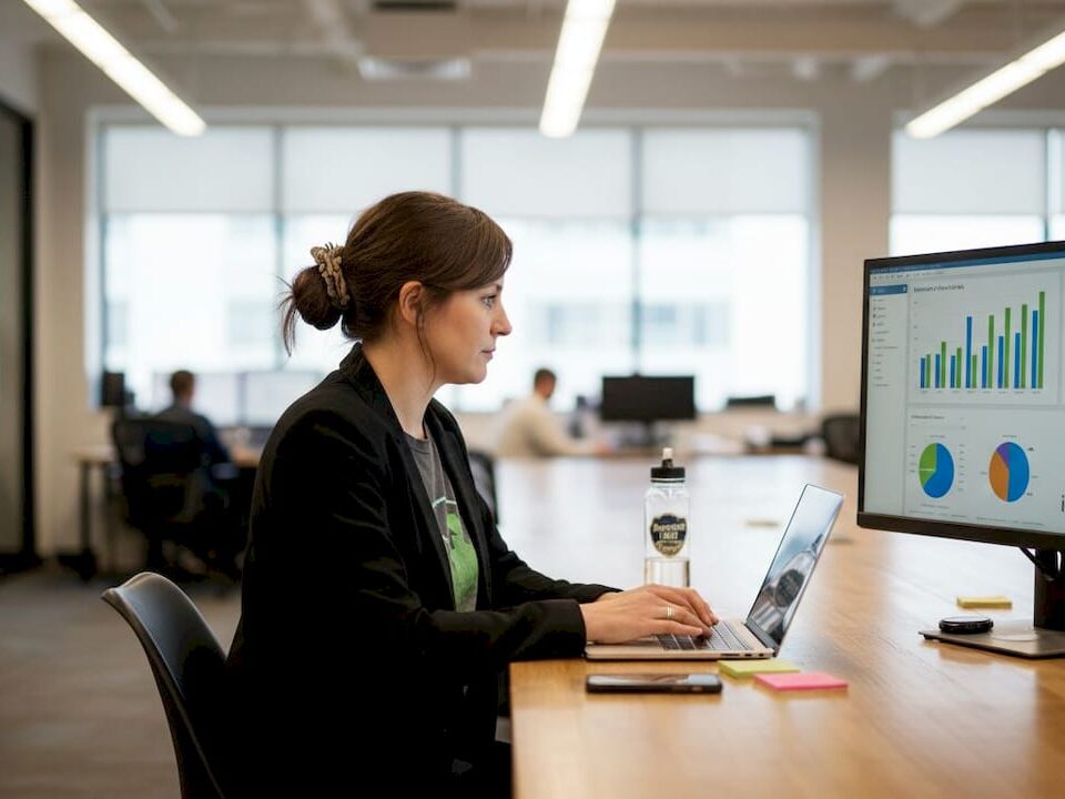A woman analyzes data on a laptop while seated at a desk in a modern office.