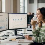 A woman analyzing digital marketing data on dual monitors while enjoying a drink.