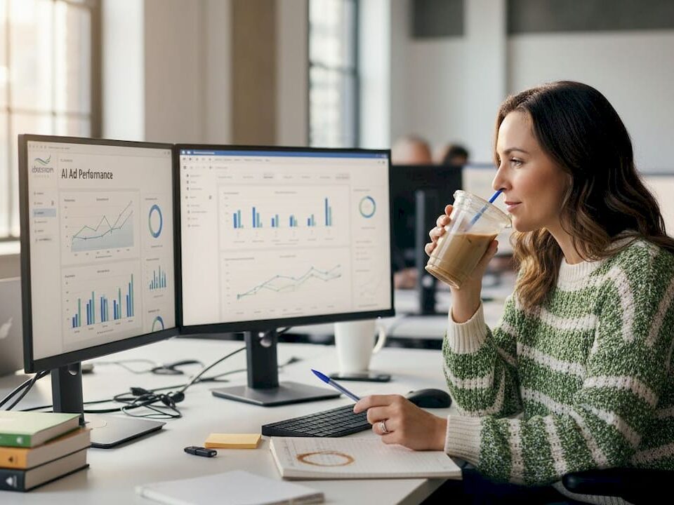 A woman analyzing digital marketing data on dual monitors while enjoying a drink.