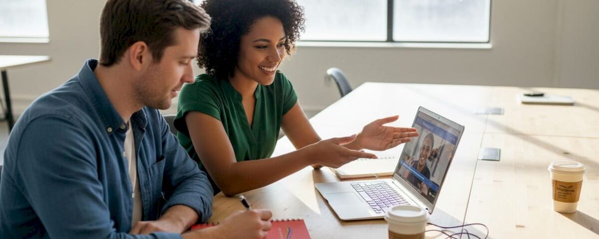 A woman explains something to a man while they watch a video on a laptop in a bright office.